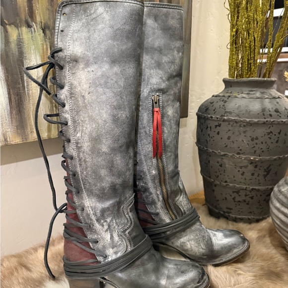 Freebird Charcoal Lace Up Boots with Crimson Detail